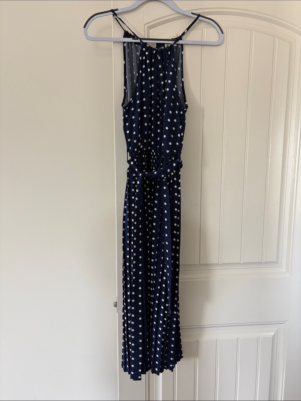 Navy Polka Dot Sleeveless Maxi Dress with Waist Tie